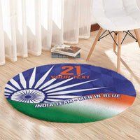 Round India flag style carpet with Ashoka Chakra and green edge, custom text design