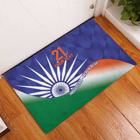 Blue and green cricket doormat with Ashoka Chakra emblem and 'India Team-MEN IN BLUE'.