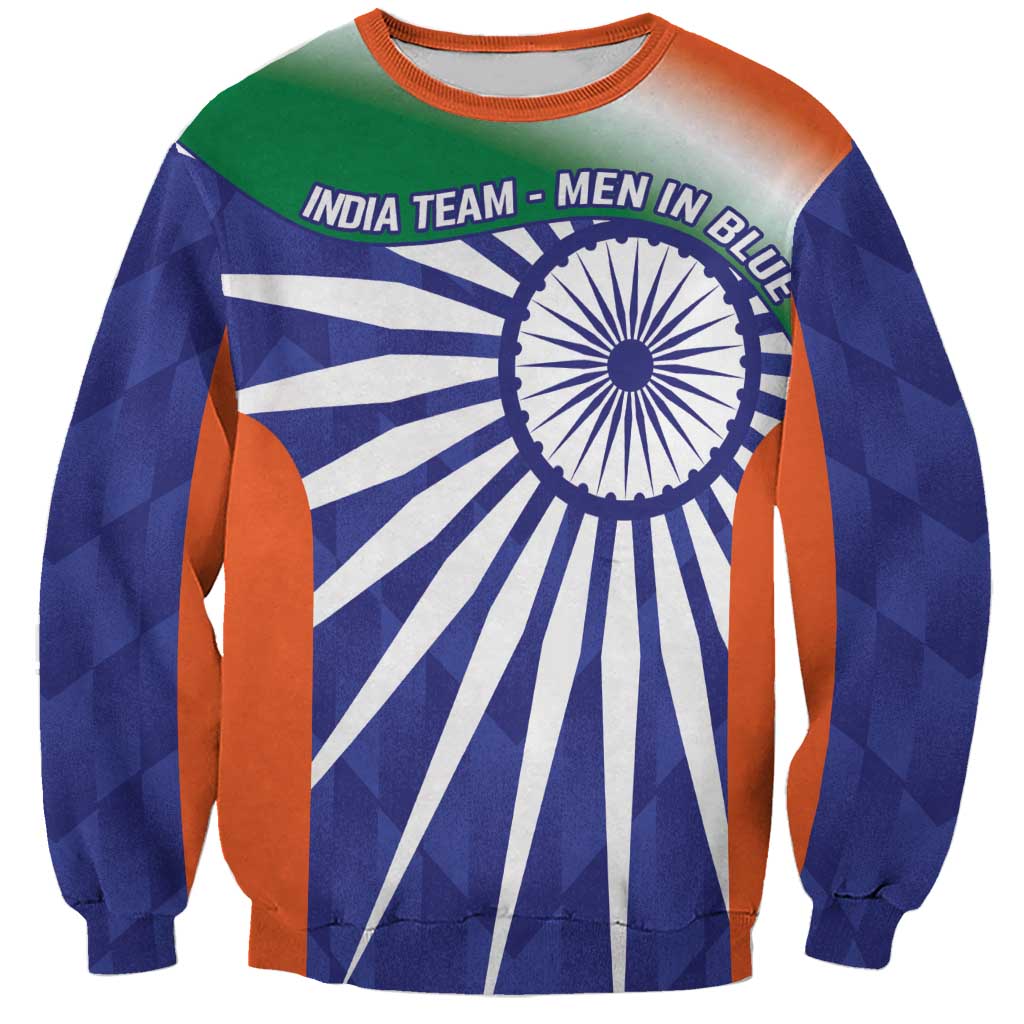 Blue sweatshirt with orange side panels, India flag graphic and Ashoka Chakra front print