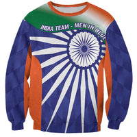 Blue sweatshirt with orange side panels, India flag graphic and Ashoka Chakra front print