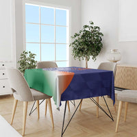 Rectangular India cricket tablecloth draped on dining table, blue Ashoka Chakra tricolor