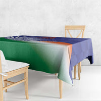 India cricket tablecloth side view with blue section, green center, and orange stripe