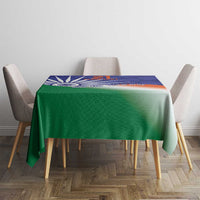 Dining table covered with India cricket tablecloth featuring Ashoka Chakra and tricolor