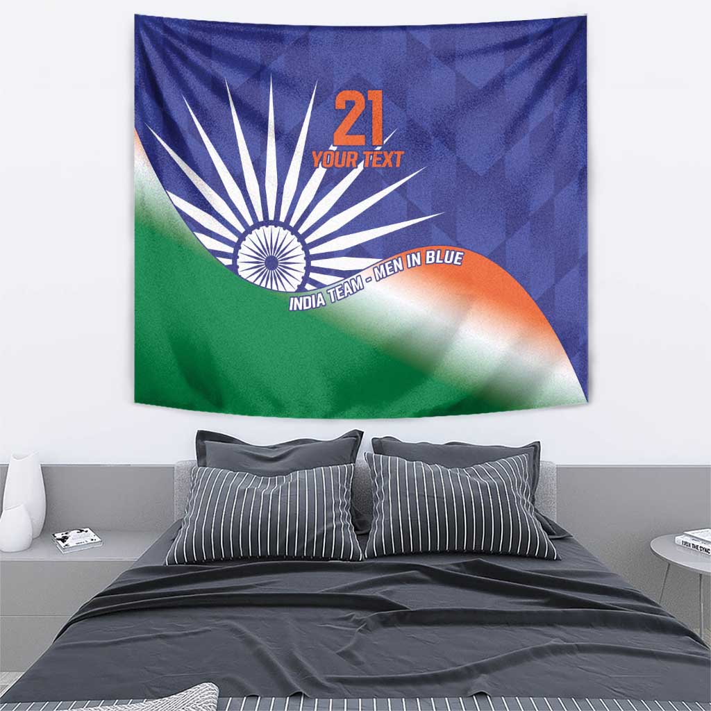 Rectangular India-themed cricket tapestry showing Ashoka Chakra, tricolor flag, and “21”