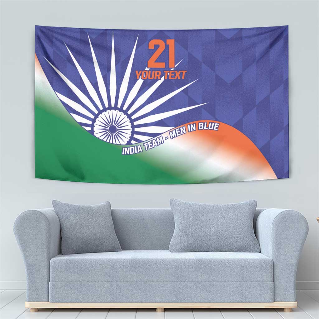 India-themed cricket tapestry featuring Ashoka Chakra, tricolor flag, and “21 Your Text”
