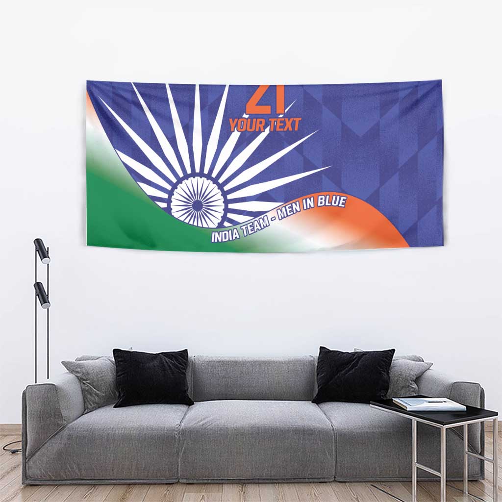 India-themed cricket tapestry with Ashoka Chakra center and tricolor flag graphic, blue border