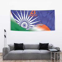India-themed cricket tapestry with Ashoka Chakra center and tricolor flag graphic, blue border