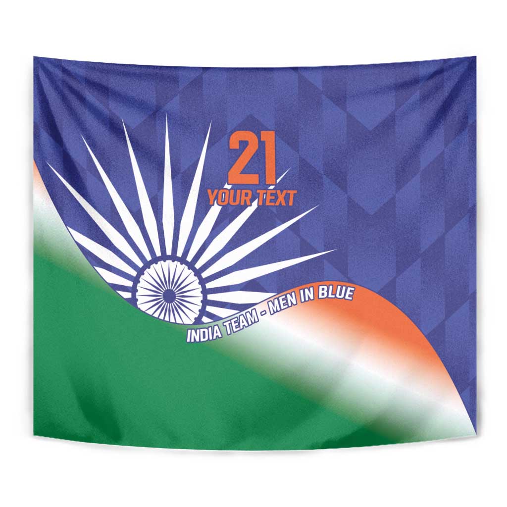 Close view of India-themed cricket tapestry with Ashoka Chakra and tricolor flag arc