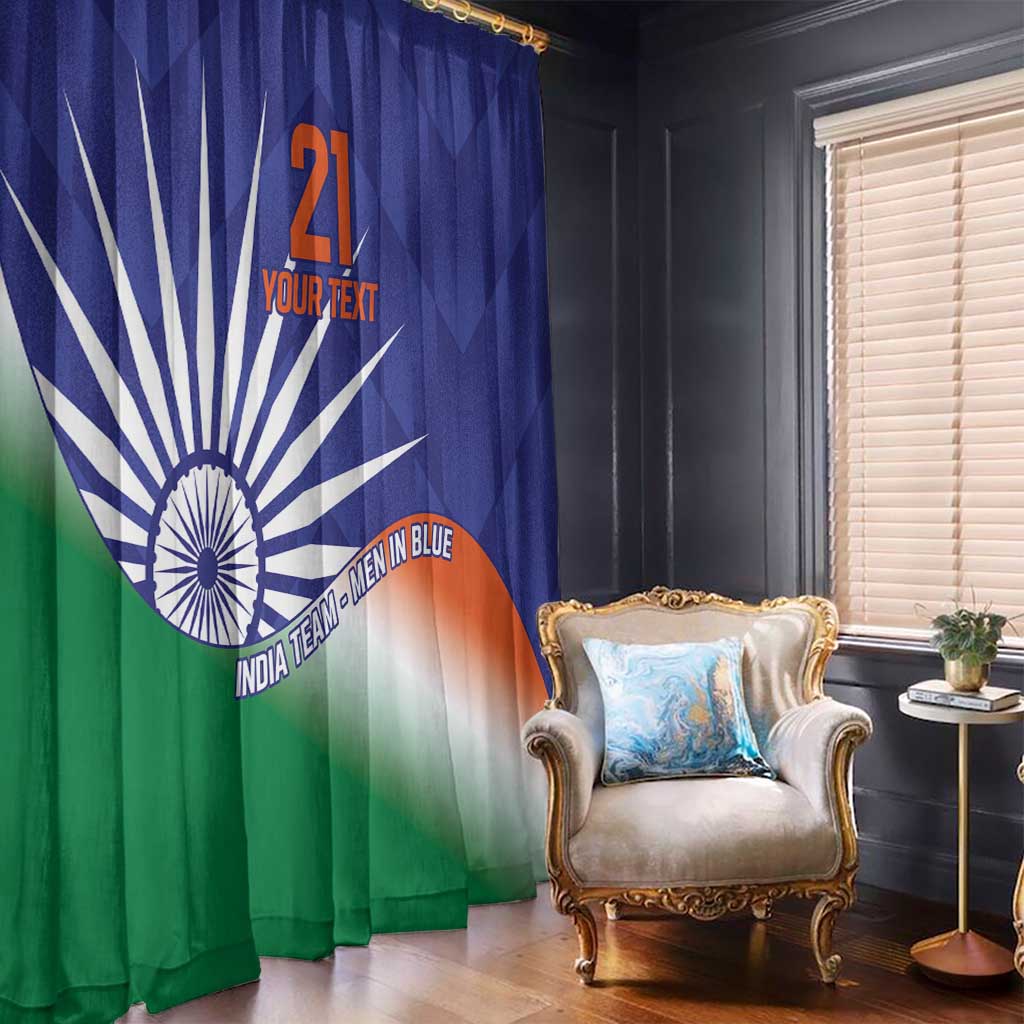 Blue India flag-style curtain with Ashoka Chakra and “MEN IN BLUE” text near bottom.