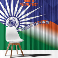 Close view of blue India flag-style curtain showing Ashoka Chakra and “MEN IN BLUE” text.