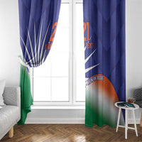 Side view of blue India flag-style curtains with Ashoka Chakra and green-orange gradient panel.