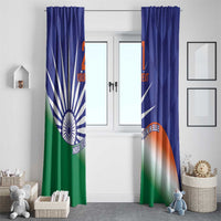 Two blue India flag-style curtains framing a white door, with Ashoka Chakra and green-orange arc.