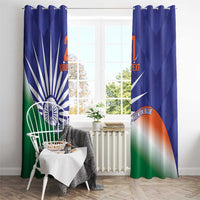 Blue window curtain set with India flag-style design, Ashoka Chakra and green-orange gradient.