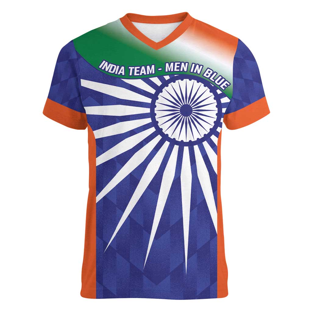 India Cricket Custom Women V-Neck T-Shirt Ashoka Chakra with Flag Style