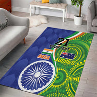 Blue and green sports area rug with “21” text, India and Australia flags, and Chakra