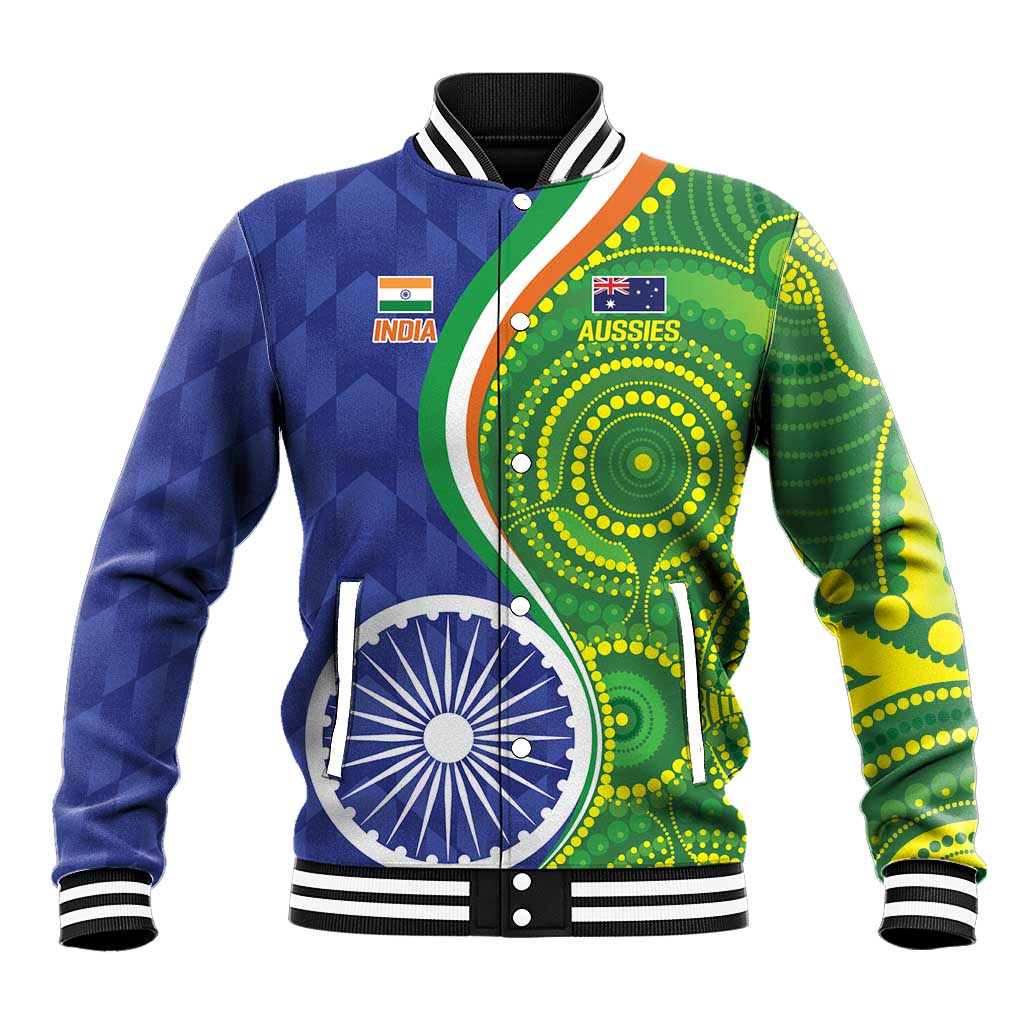 Unisex baseball jacket with blue and green graphic front, ribbed collar and cuffs