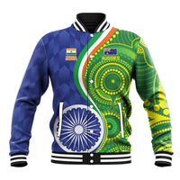 Unisex baseball jacket with blue and green graphic front, ribbed collar and cuffs