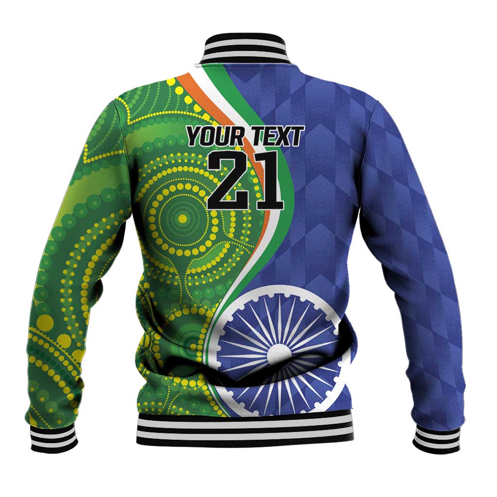 Unisex baseball jacket back with 'YOUR TEXT 21' and blue-green graphic panels