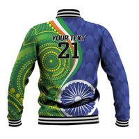 Unisex baseball jacket back with 'YOUR TEXT 21' and blue-green graphic panels