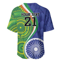 Custom baseball jersey in blue and green with YOUR TEXT 21 and circular art