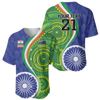 Blue-green custom baseball jersey with India and Aussies emblems and YOUR TEXT 21