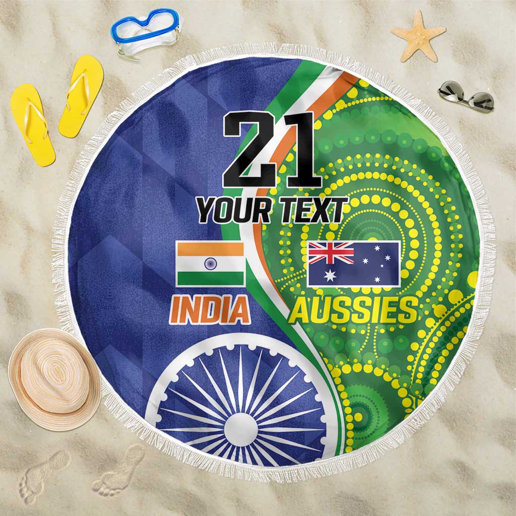 Round beach blanket with white fringe, round graphic featuring India and Aussies flags.