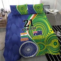Cricket-themed blue and green bedding set with two pillows, '21' and circular mandala pattern