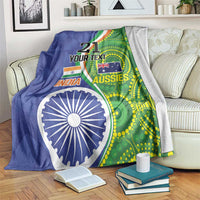 Custom cricket blanket with blue-green design, “21” and India/Australia emblems and Ashoka chakra