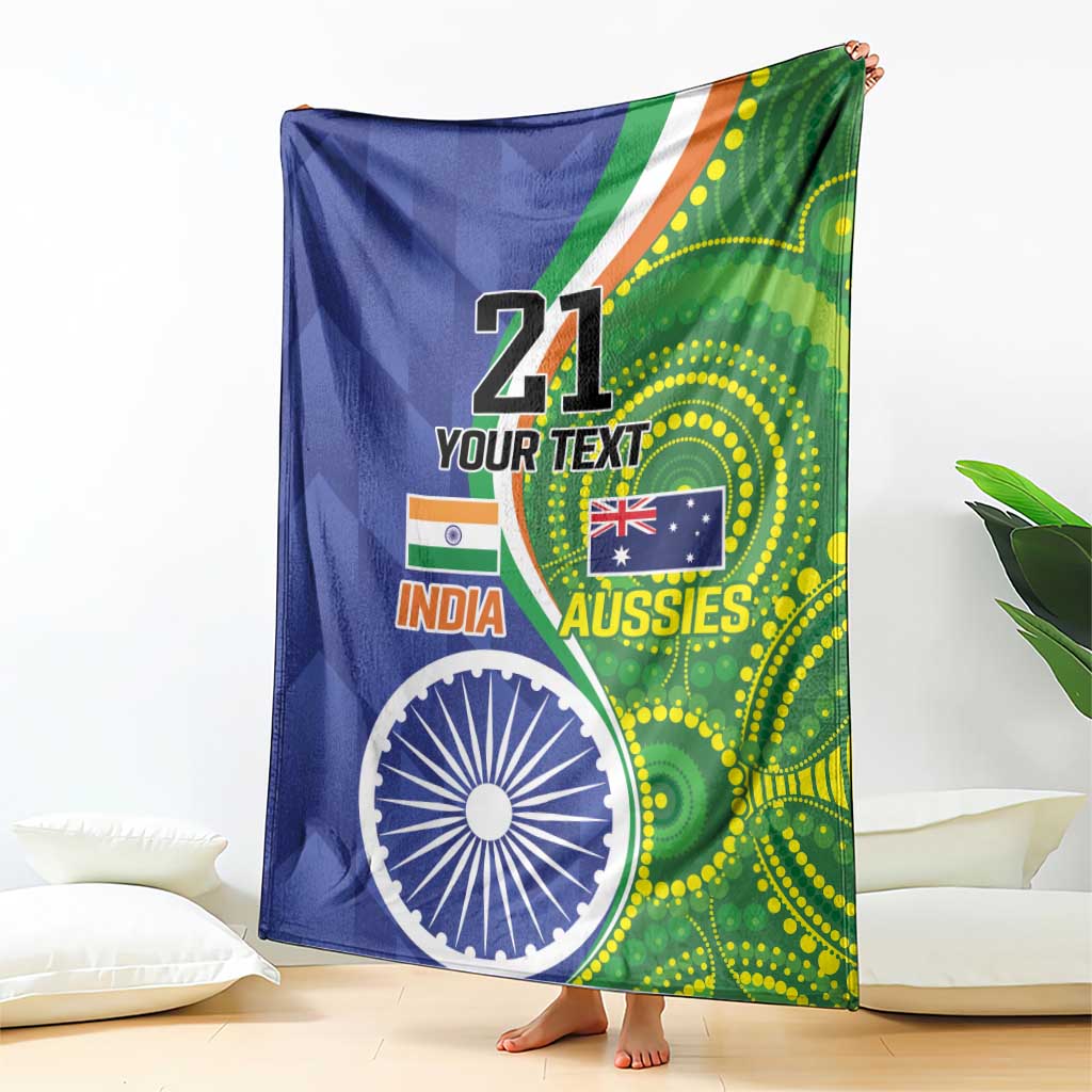 Custom cricket throw blanket, large “21 YOUR TEXT” print with India and Aussies flags