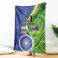 Custom cricket throw blanket, large “21 YOUR TEXT” print with India and Aussies flags