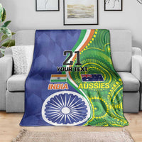 Printed custom cricket blanket on sofa, “21” and India/Australia graphics with Ashoka chakra
