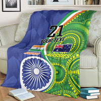 Blue and green custom cricket blanket with “21 YOUR TEXT” and India/Aussies flag artwork