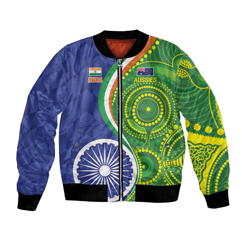Unisex blue-green bomber jacket, full-zip, cricket graphics with INDIA and AUSSIES