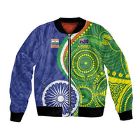 Unisex blue-green bomber jacket, full-zip, cricket graphics with INDIA and AUSSIES