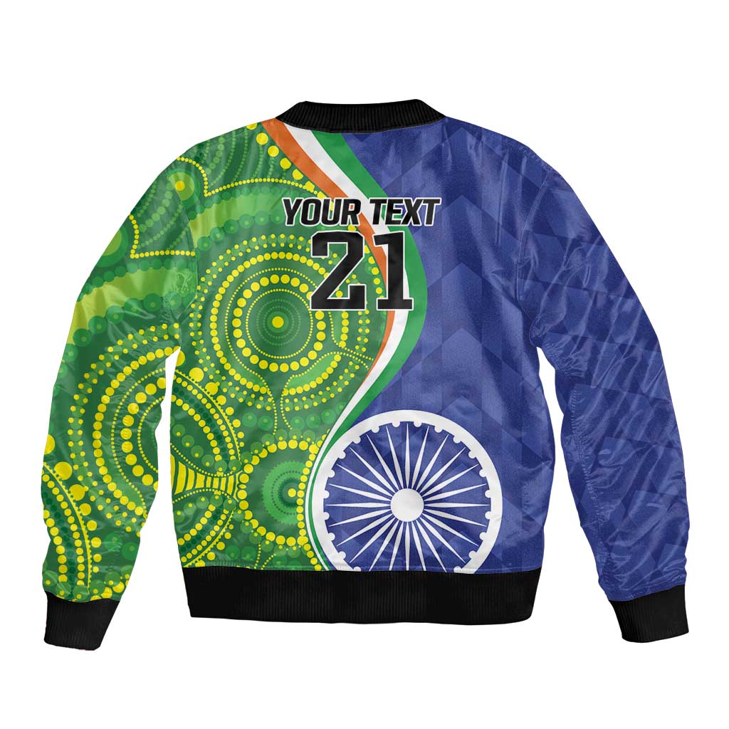 Unisex blue-green bomber jacket back with YOUR TEXT 21 and large cricket circle graphics