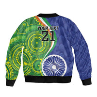 Unisex blue-green bomber jacket back with YOUR TEXT 21 and large cricket circle graphics