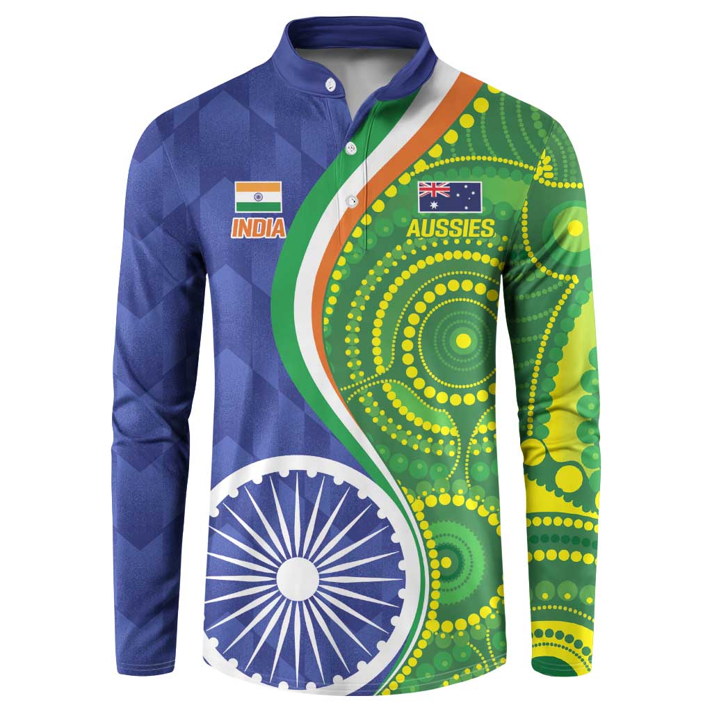 Blue long-sleeve polo sweatshirt with India and Australia graphic panels, dot art