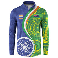 Blue long-sleeve polo sweatshirt with India and Australia graphic panels, dot art