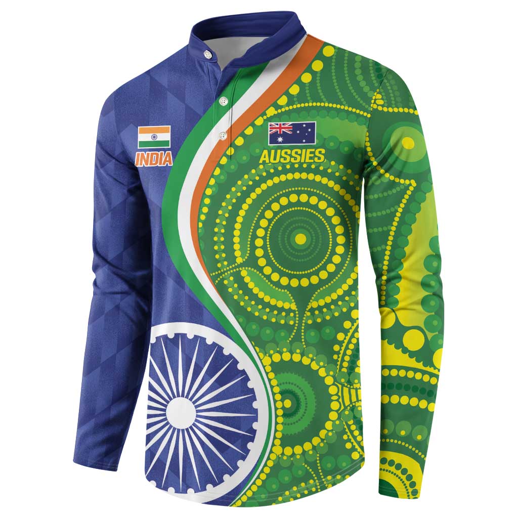 Blue long-sleeve polo sweatshirt with India and Australia graphic panels, angled side view