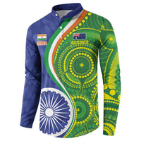 Blue long-sleeve polo sweatshirt with India and Australia graphic panels, angled side view
