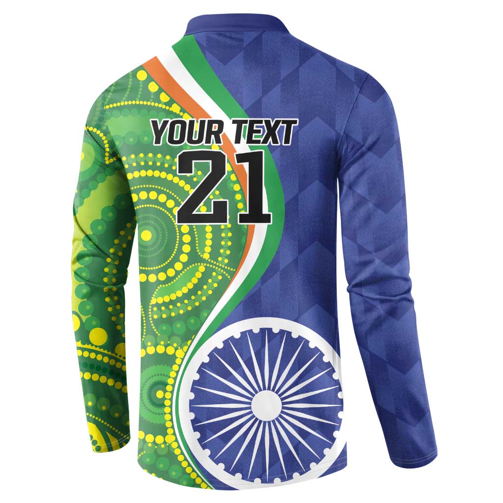 Back of blue polo sweatshirt with 'YOUR TEXT 21' and circular India emblem graphic