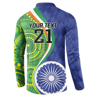 Back of blue polo sweatshirt with 'YOUR TEXT 21' and circular India emblem graphic