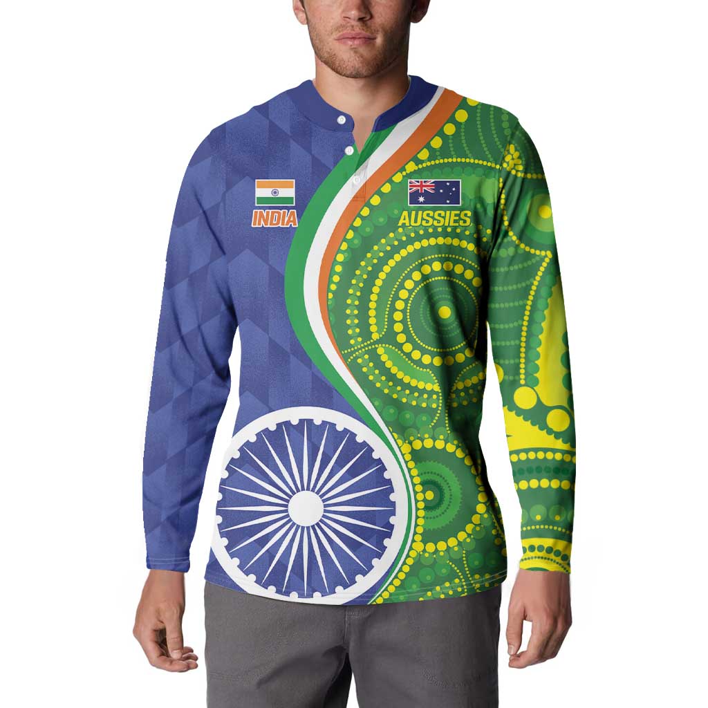 Long-sleeve polo sweatshirt on model, blue with India and Australia graphic panels