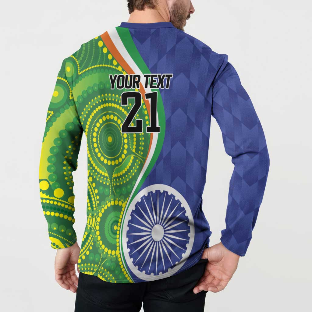Back view of long-sleeve polo sweatshirt on model with 'YOUR TEXT 21' and India emblem