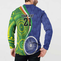 Back view of long-sleeve polo sweatshirt on model with 'YOUR TEXT 21' and India emblem