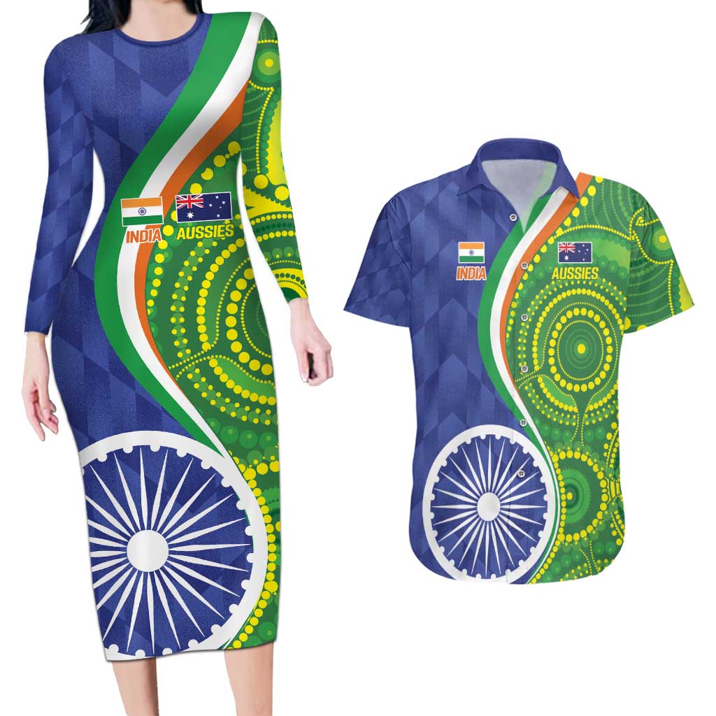 India Vs Australian Cricket Custom Couples Matching Long Sleeve Bodycon Dress and Hawaiian Shirt Ashoka Chakra and Aboriginal Together LT9 - Wonder Print Shop