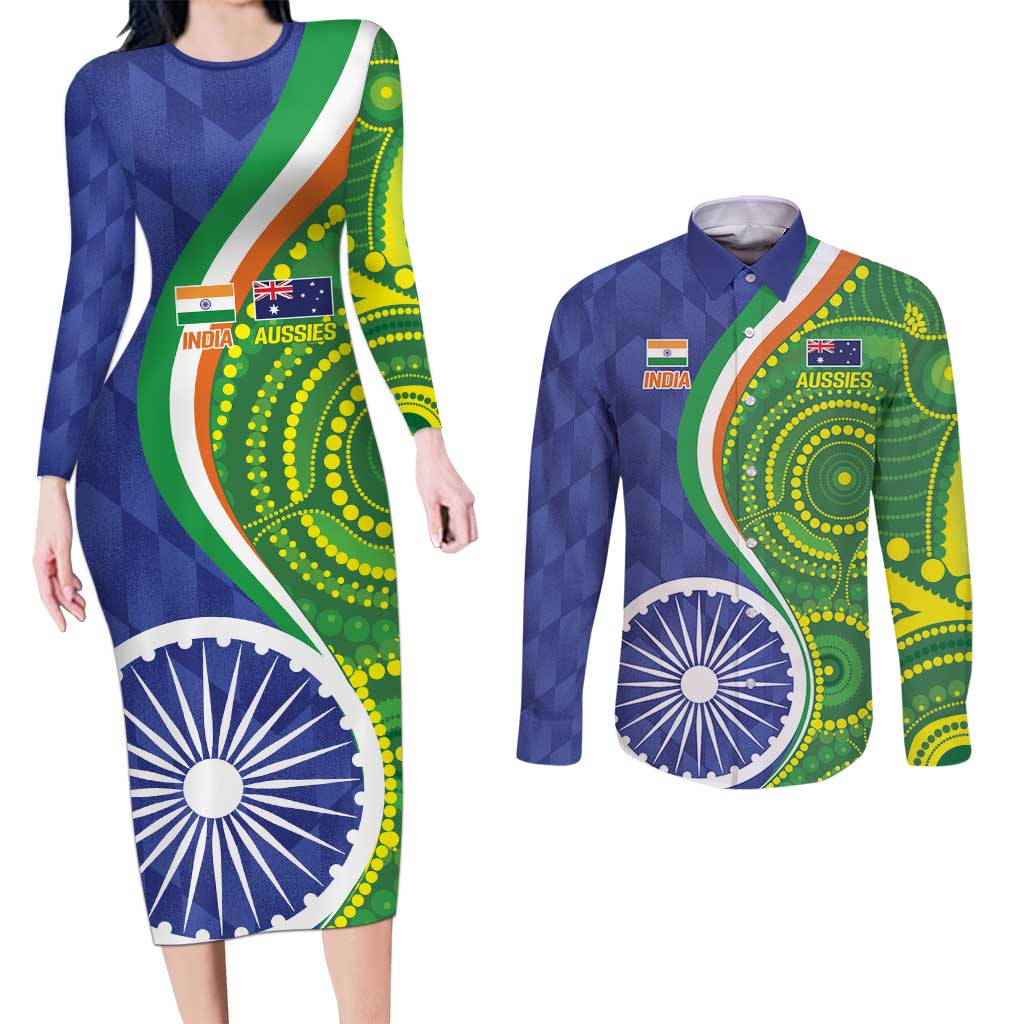 India Vs Australian Cricket Custom Couples Matching Long Sleeve Bodycon Dress and Long Sleeve Button Shirt Ashoka Chakra and Aboriginal Together LT9 - Wonder Print Shop