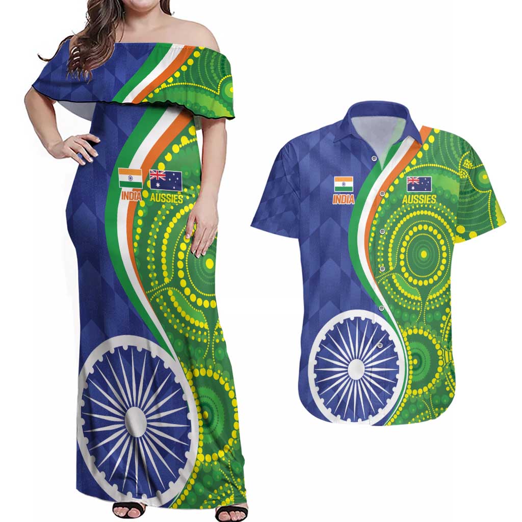 India Vs Australian Cricket Custom Couples Matching Off Shoulder Maxi Dress and Hawaiian Shirt Ashoka Chakra and Aboriginal Together LT9 - Wonder Print Shop