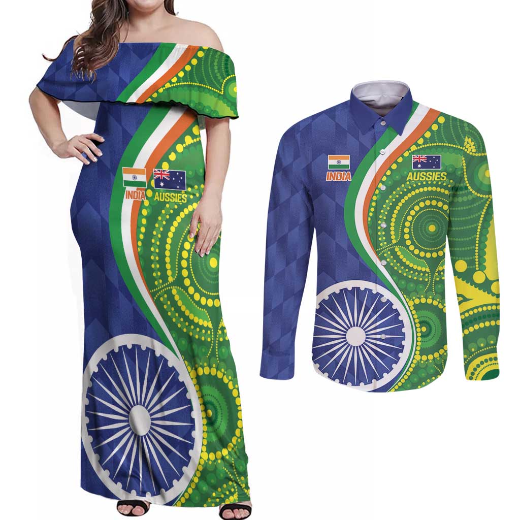 India Vs Australian Cricket Custom Couples Matching Off Shoulder Maxi Dress and Long Sleeve Button Shirt Ashoka Chakra and Aboriginal Together LT9 - Wonder Print Shop