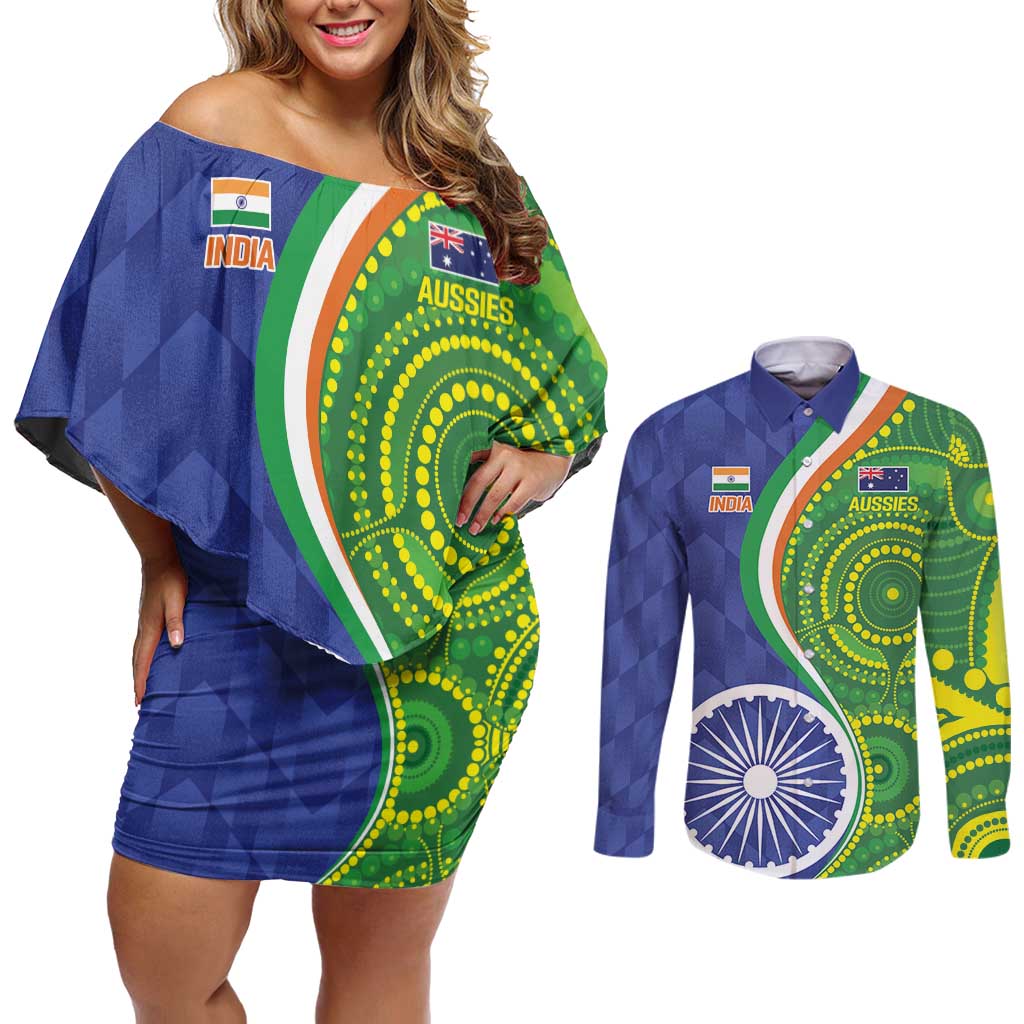 India Vs Australian Cricket Custom Couples Matching Off Shoulder Short Dress and Long Sleeve Button Shirt Ashoka Chakra and Aboriginal Together LT9 - Wonder Print Shop